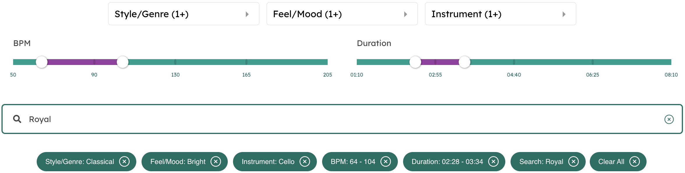 The filter section from Silverman Sound's Royalty Free Music page.